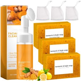 Turmeric Soap & Turmeric Face Wash Set, Honey Lemon Tumeric Kojic Soap Bar & Facial Cleanser Combo for Face & Body