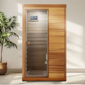Red cedar Mini one person far infrared glass door on the left of the indoor sauna room